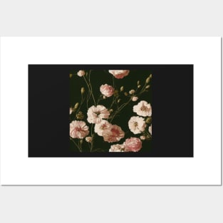 Vintage Ivory Pink flowers on Black Background Posters and Art